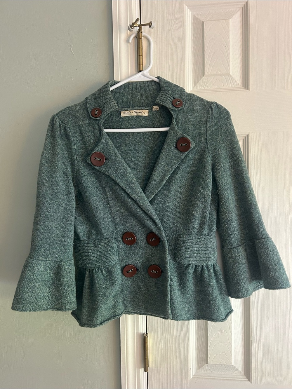 Green Peplum Double-Breasted Jacket with Button Detail